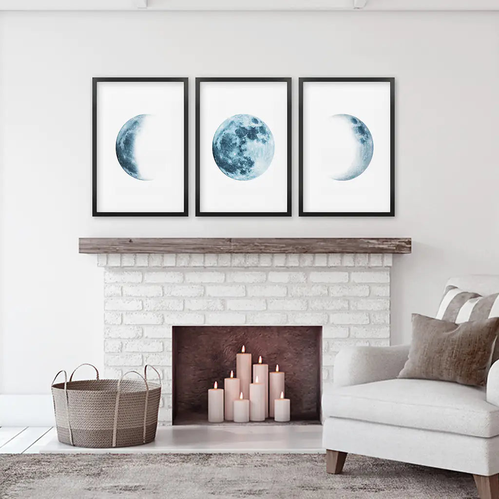 Blue Lunar Phases Wall Art Set of 3