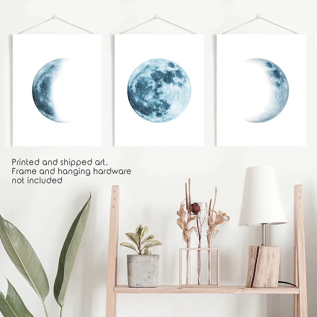 Blue Lunar Phases Wall Art Set of 3