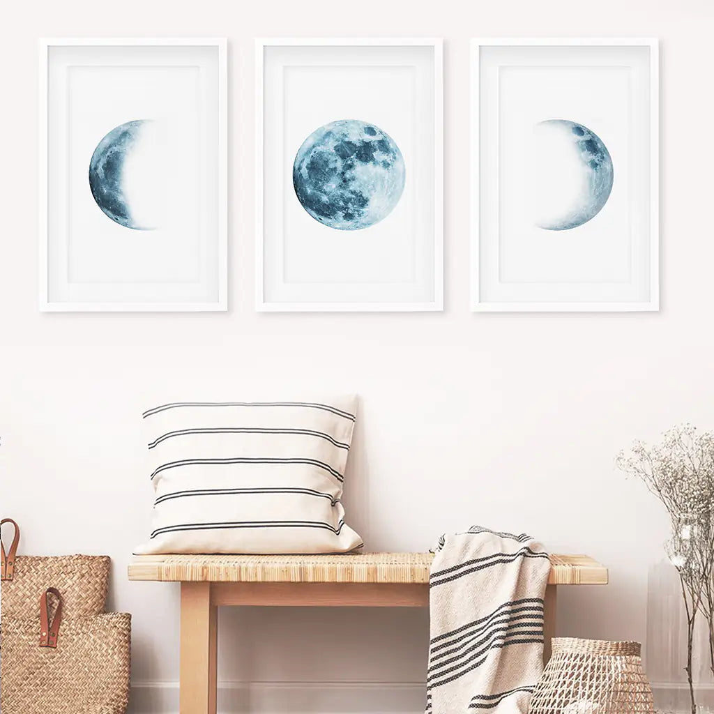 Blue Lunar Phases Wall Art Set of 3