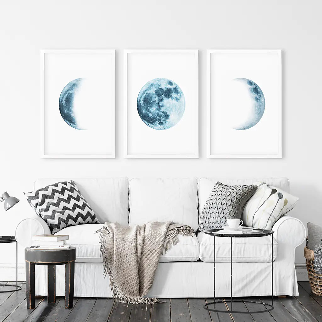 Blue Lunar Phases Wall Art Set of 3
