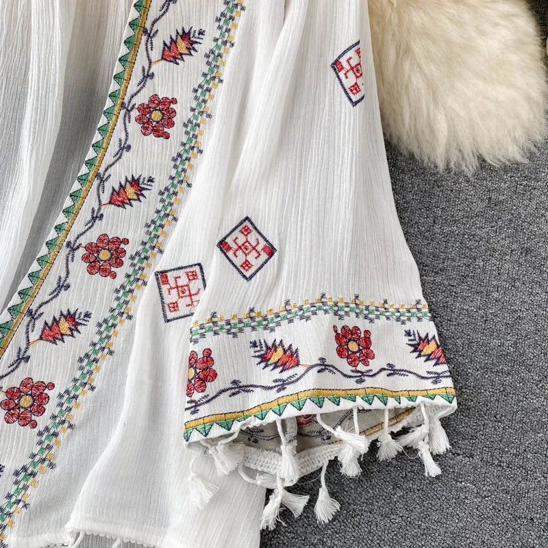 Summer Women's Shirt Bohemian Holiday Style Embroidered Tassel Chiffon Cardigan New Waist Female Slim Short Tops