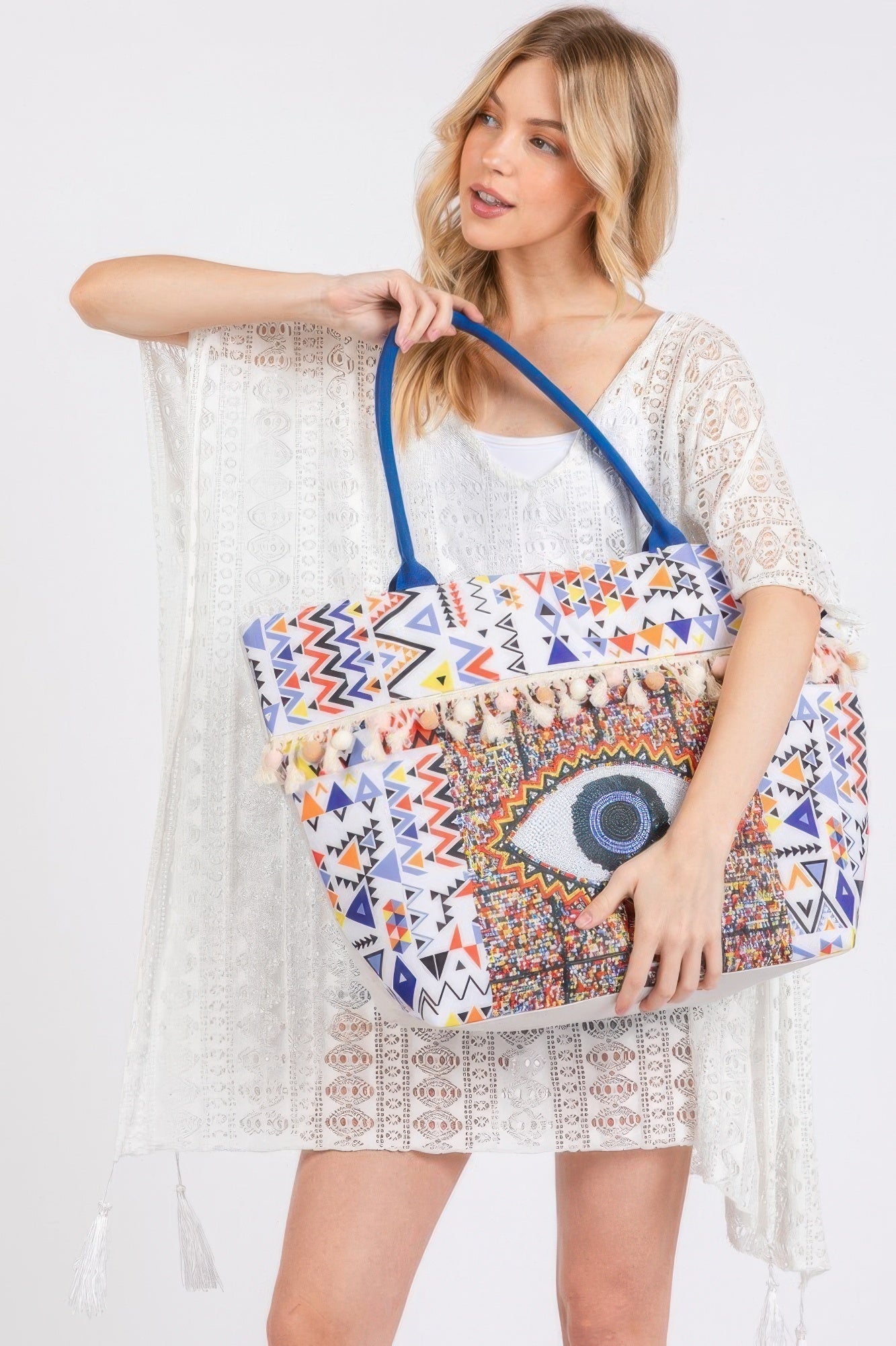 Evil Eye Print, Pom Pom Fringe - Tote Bag