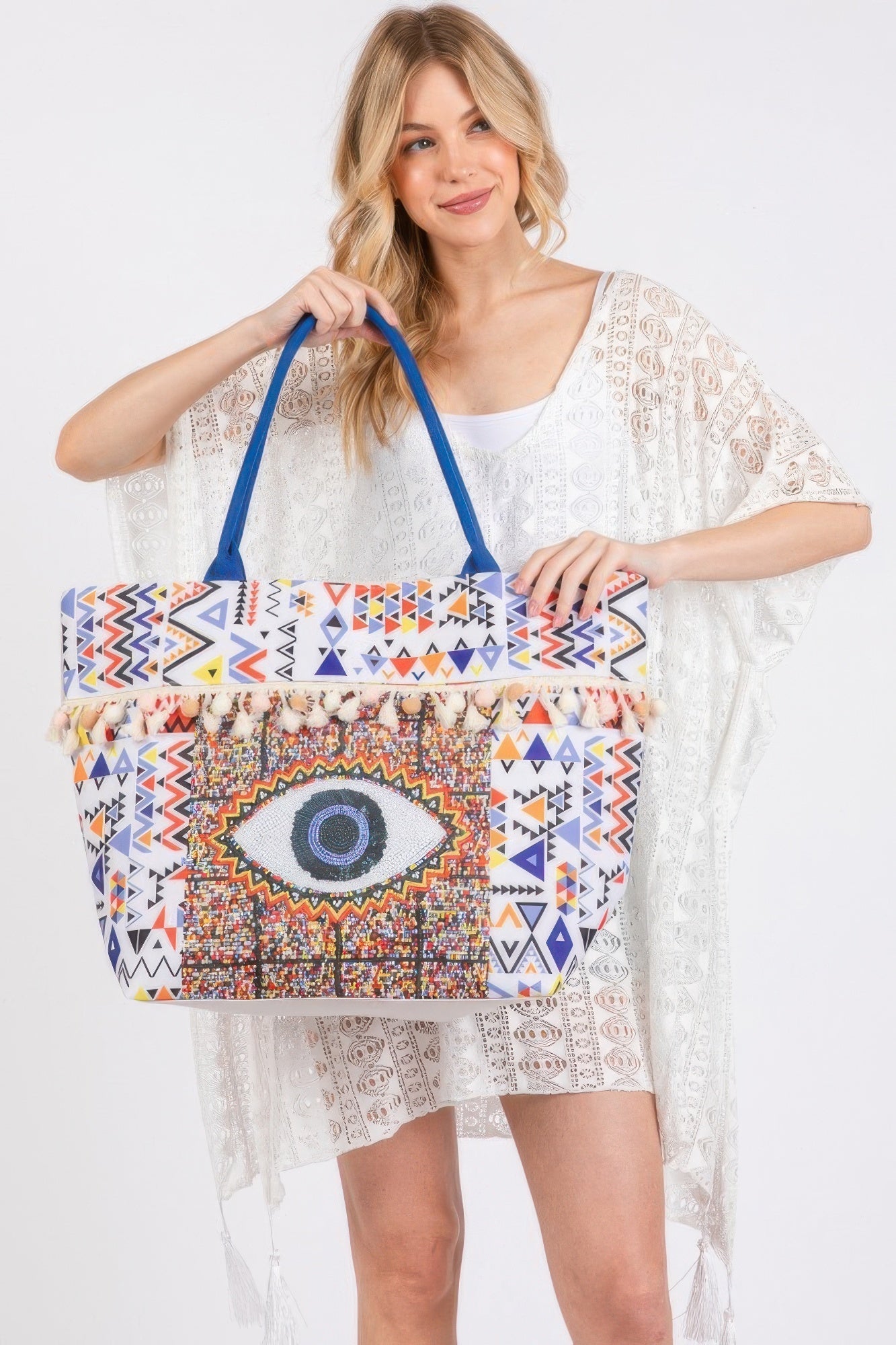 Evil Eye Print, Pom Pom Fringe - Tote Bag