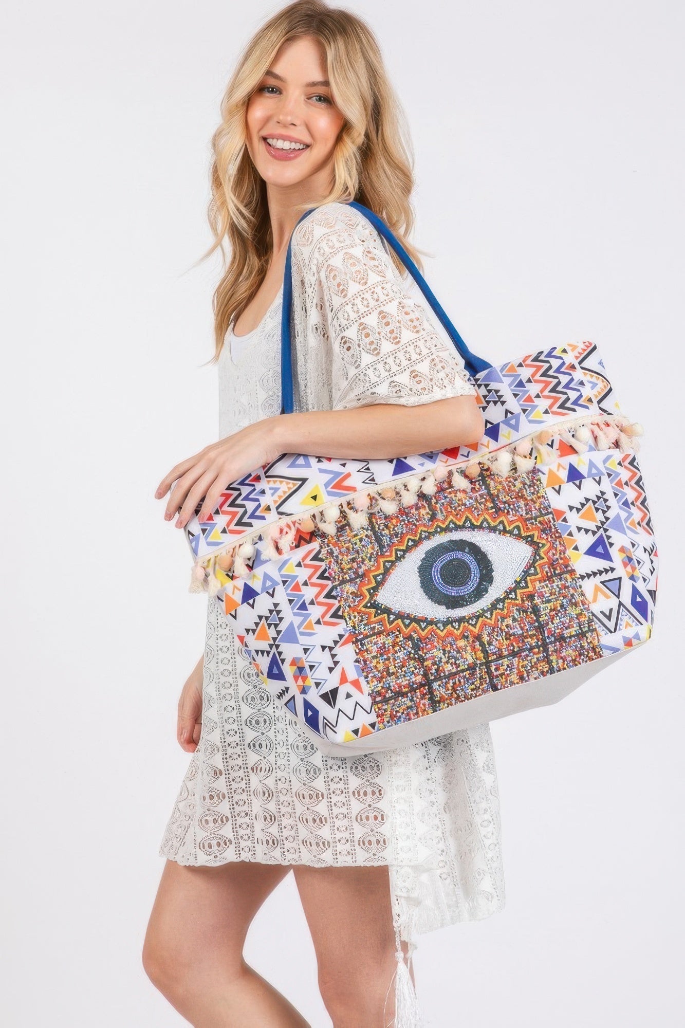 Evil Eye Print, Pom Pom Fringe - Tote Bag