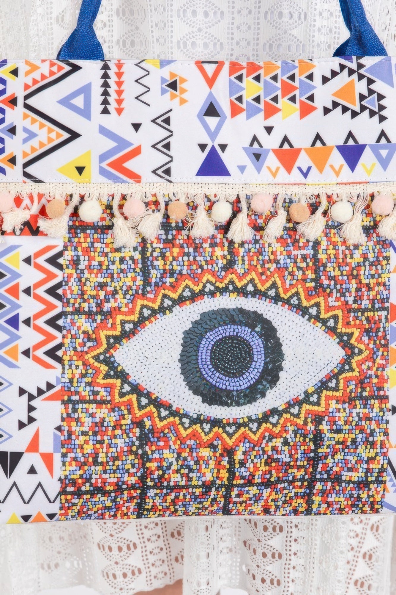 Evil Eye Print, Pom Pom Fringe - Tote Bag