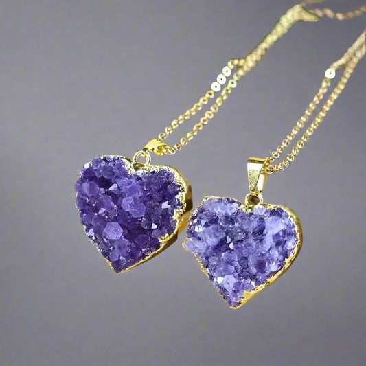 Amethyst Druzy Heart Necklace – 24K Gold Edged Pendant on 20" Chain