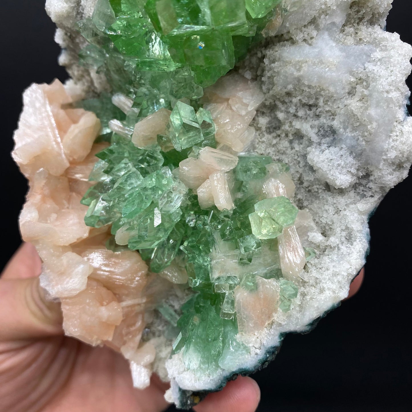 Bright Green Apophyllite Cluster with Stilbite, Natural Mineral Specimen