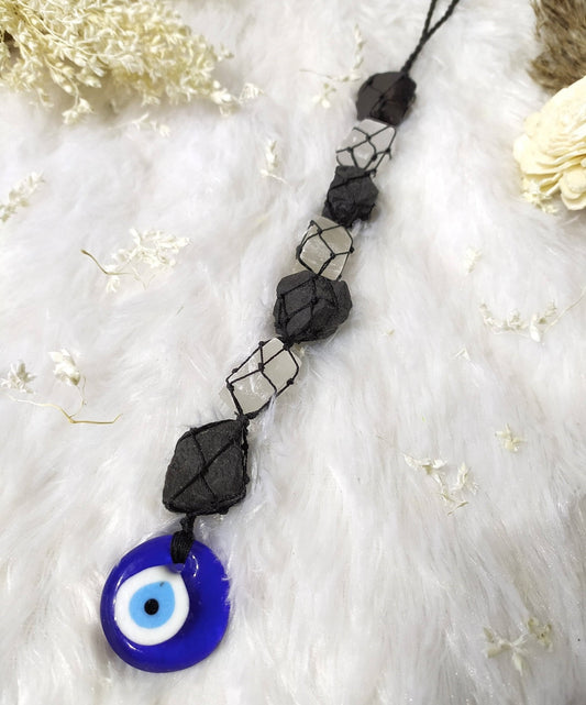 Black Tourmaline & Selenite Hanging Crystal Charms – Evil Eye Protection