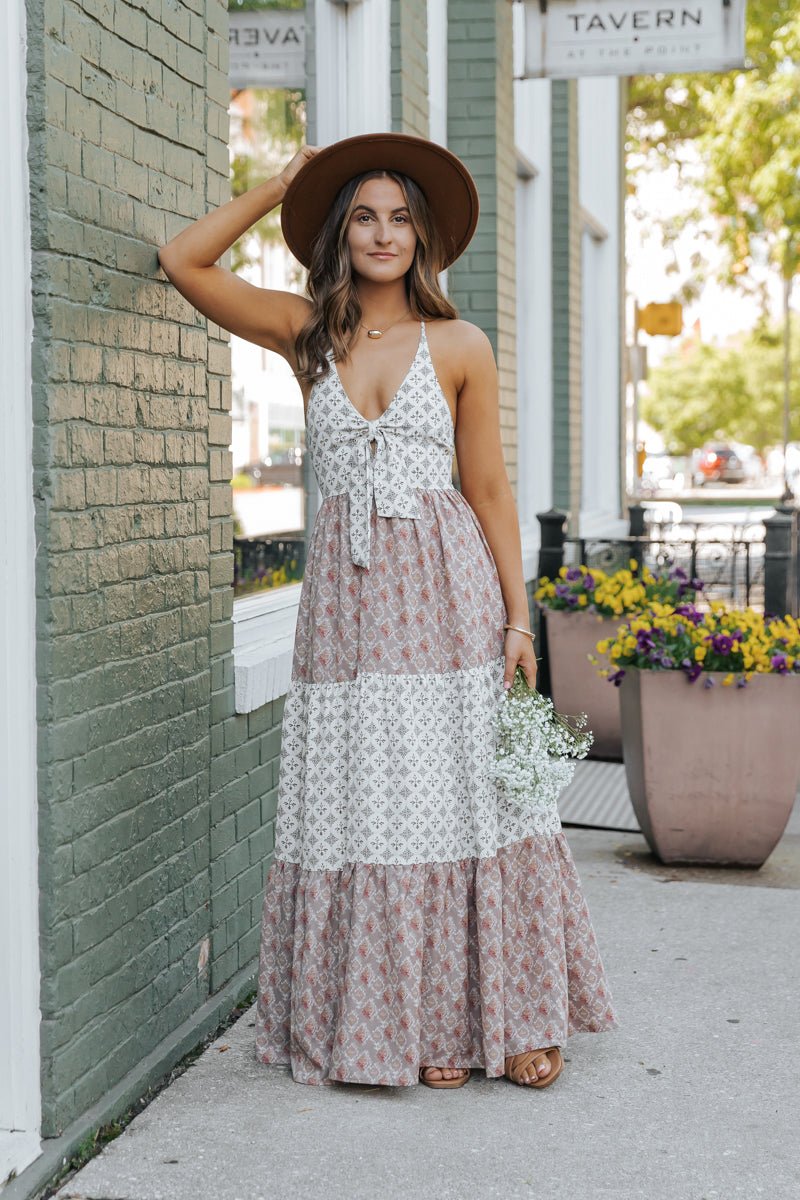 Cream Color Block Halter Maxi Dress - FINAL SALE