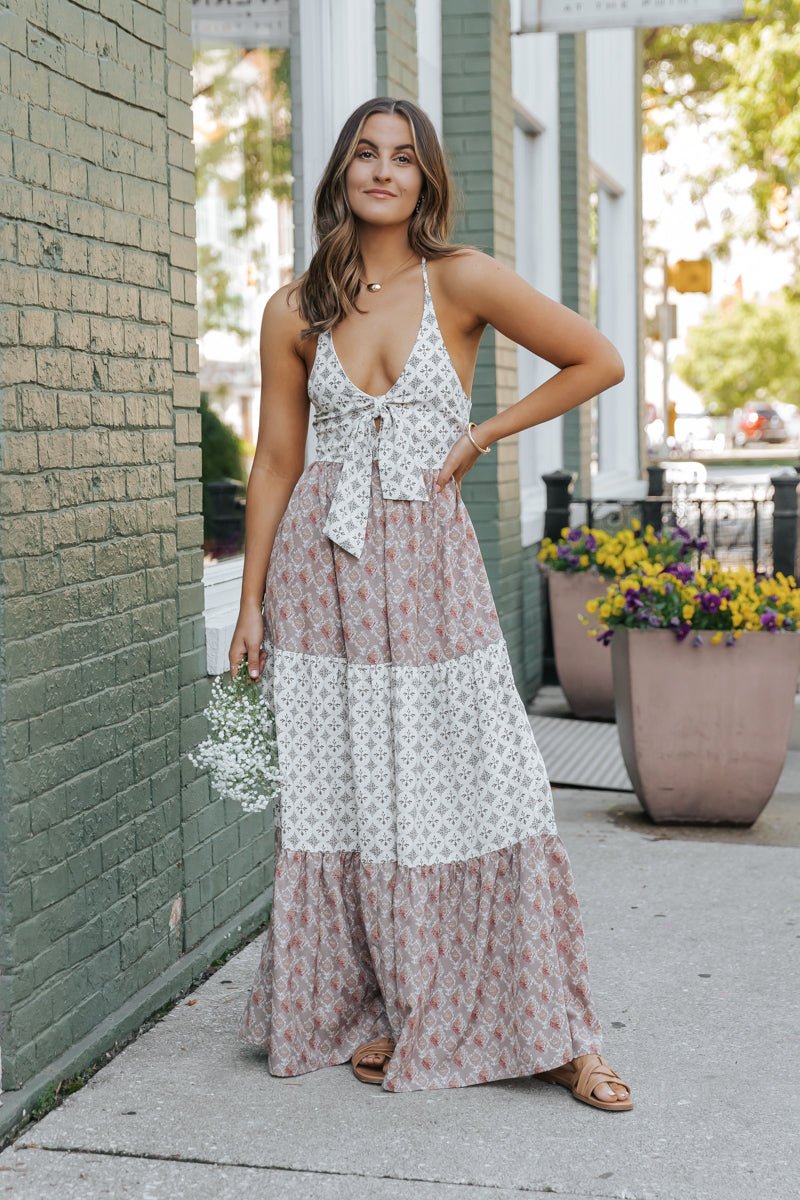 Cream Color Block Halter Maxi Dress - FINAL SALE