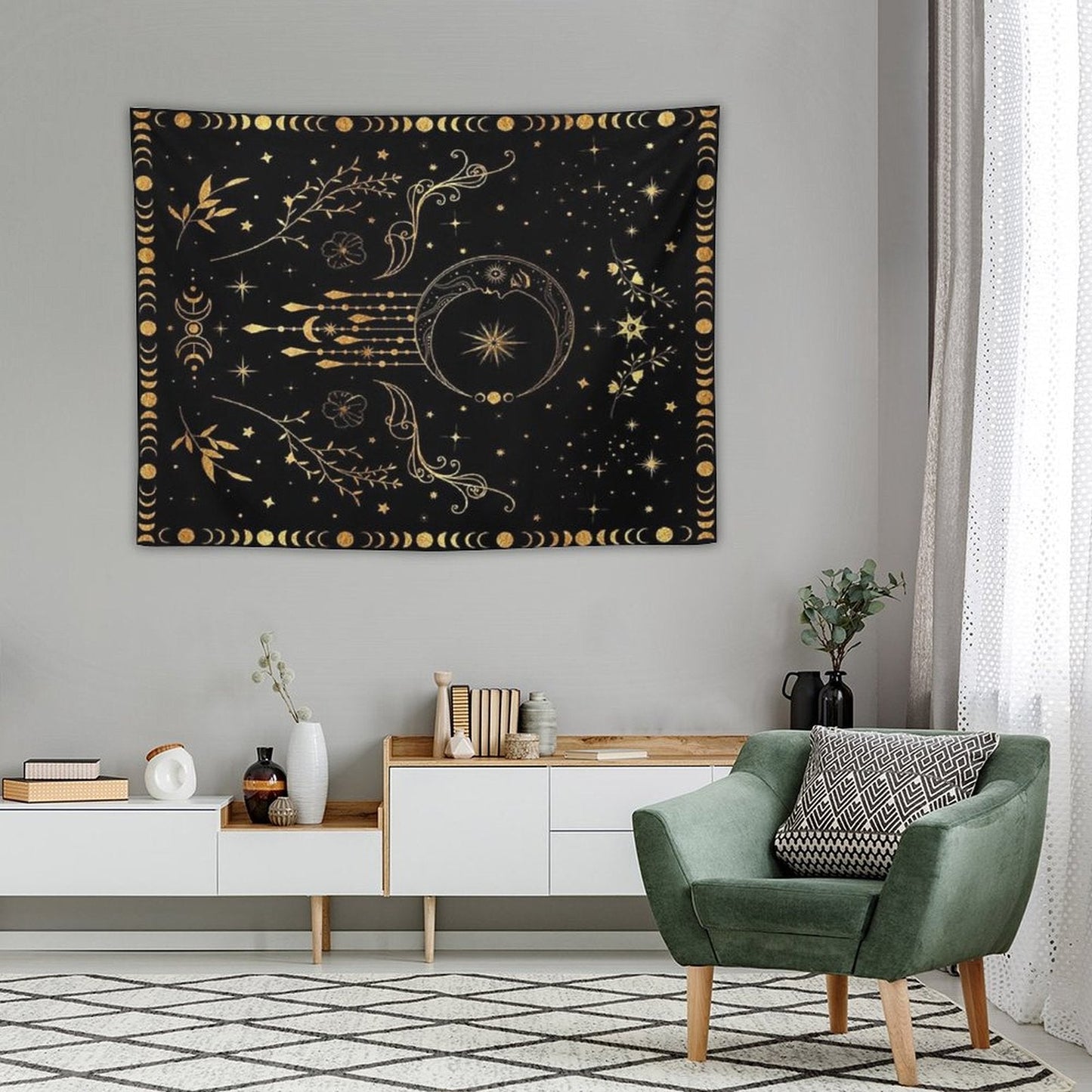 Celestial Moon with Floral Accents Tapestry