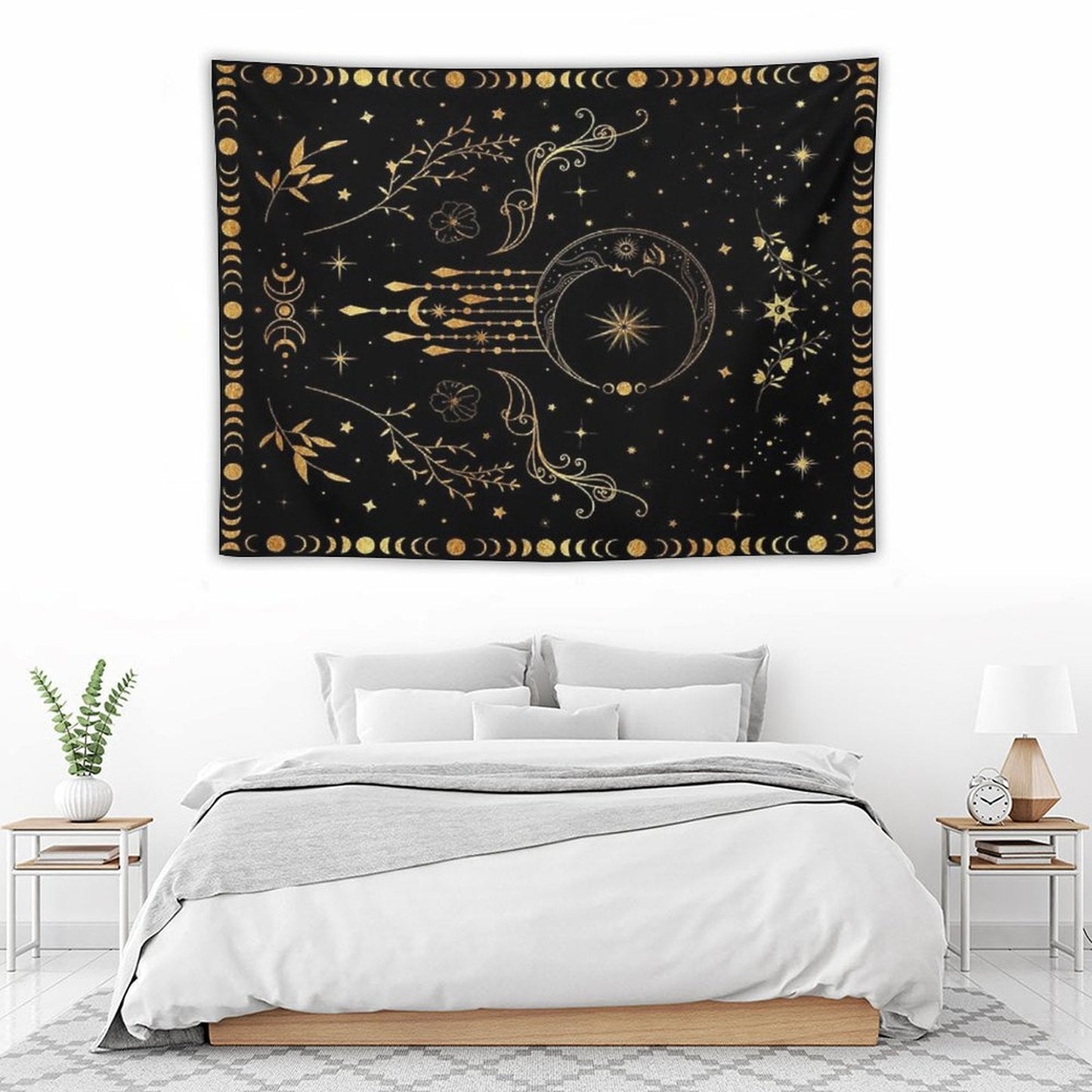 Celestial Moon with Floral Accents Tapestry
