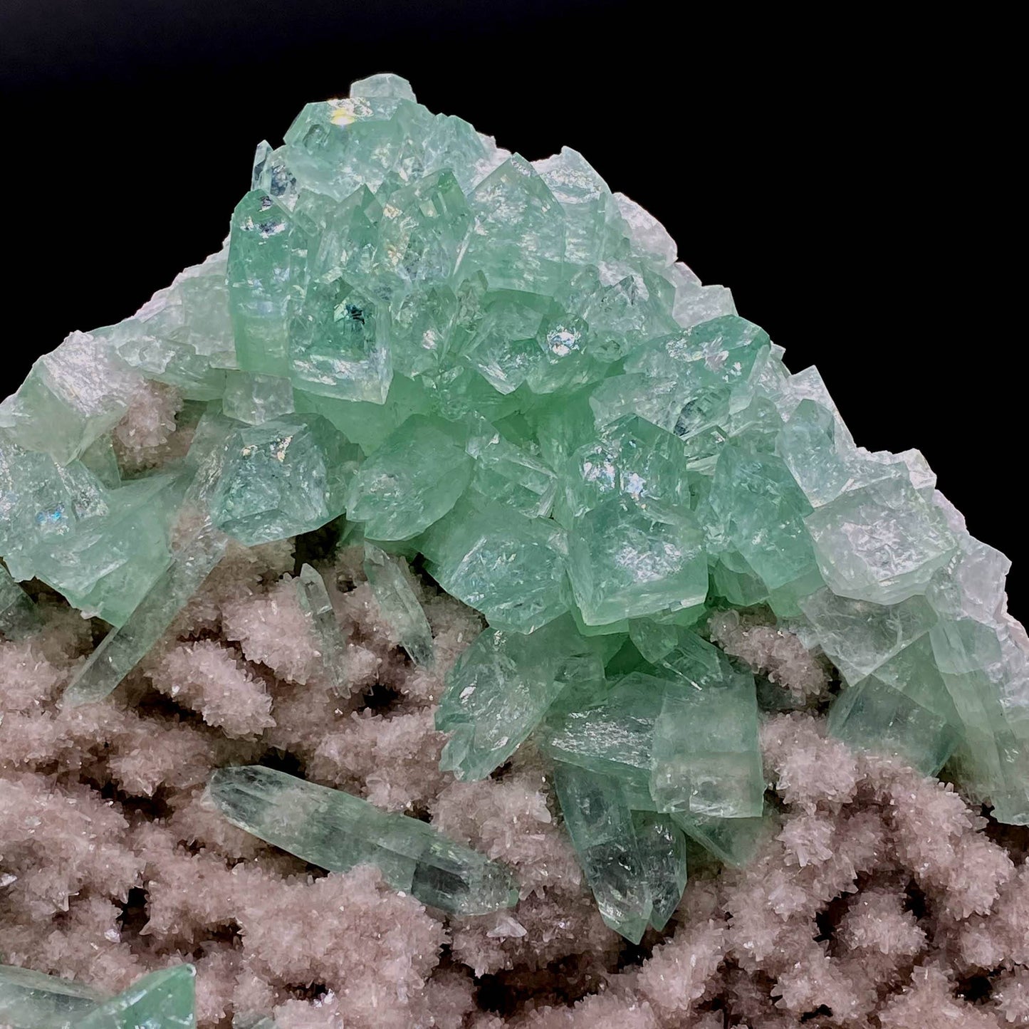 Green Apophyllite Sparkling Crystals on Heulandite Cluster # Q2