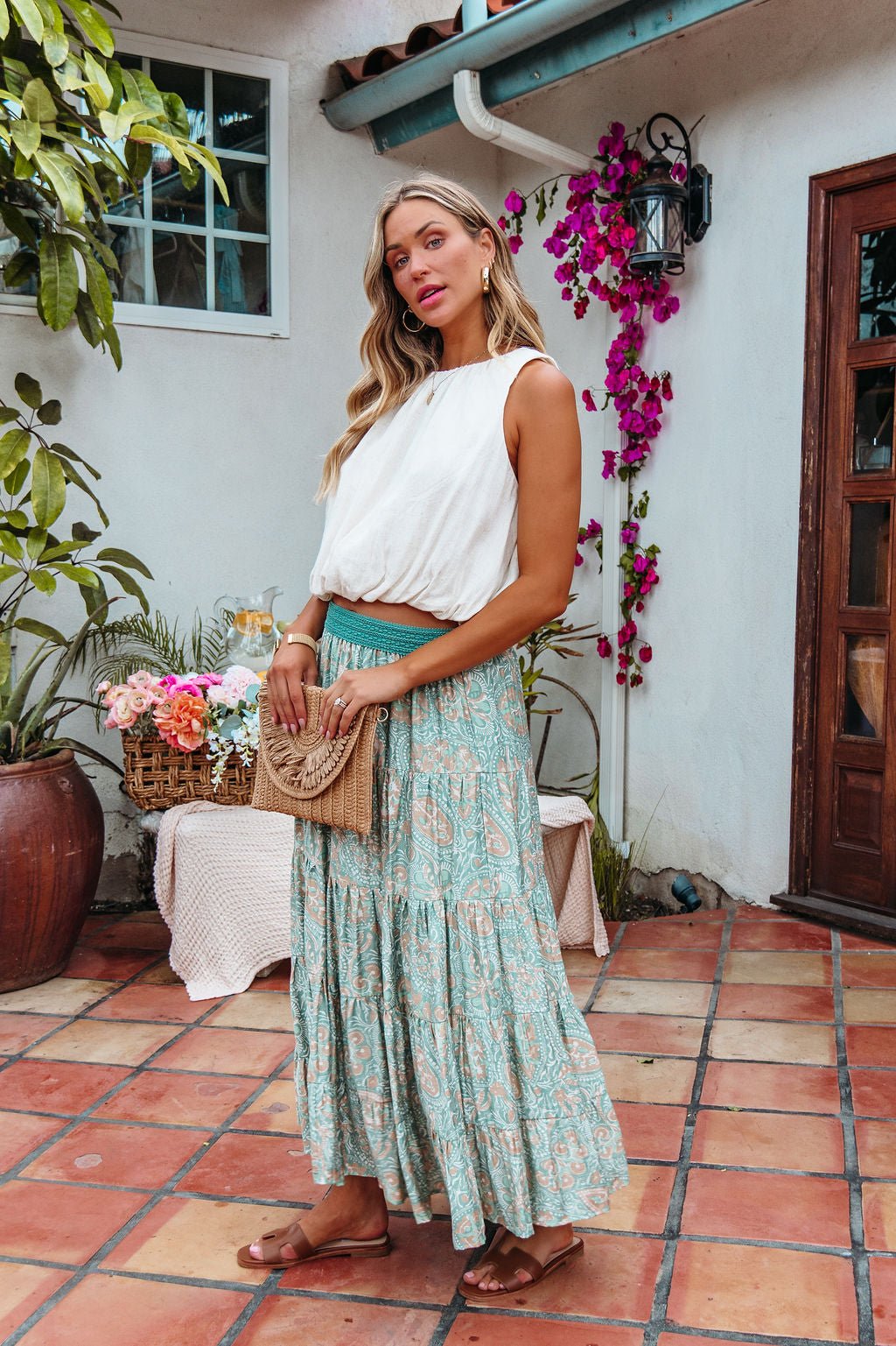 Green Paisley Print Tiered Maxi Skirt