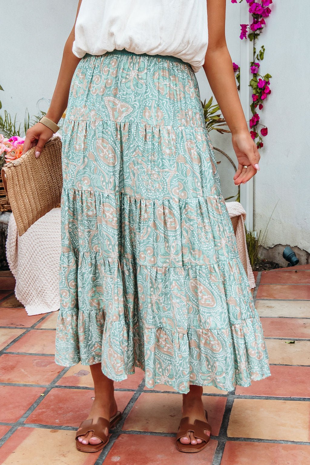 Green Paisley Print Tiered Maxi Skirt