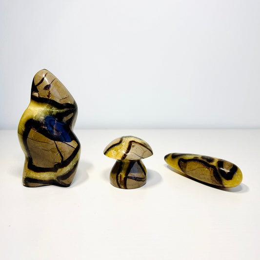 Yellow Septarian Dragon Stone Trifecta – Freeform, Mini Mushroom & Massage Wand Set