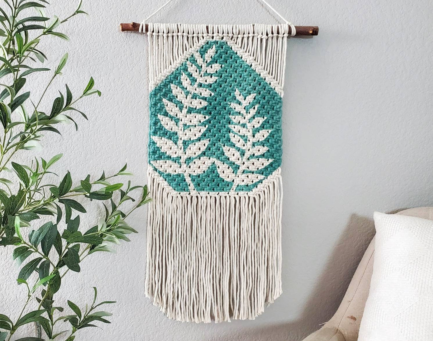 Hand painted macrame botanical wall hanging. Ready to ship.