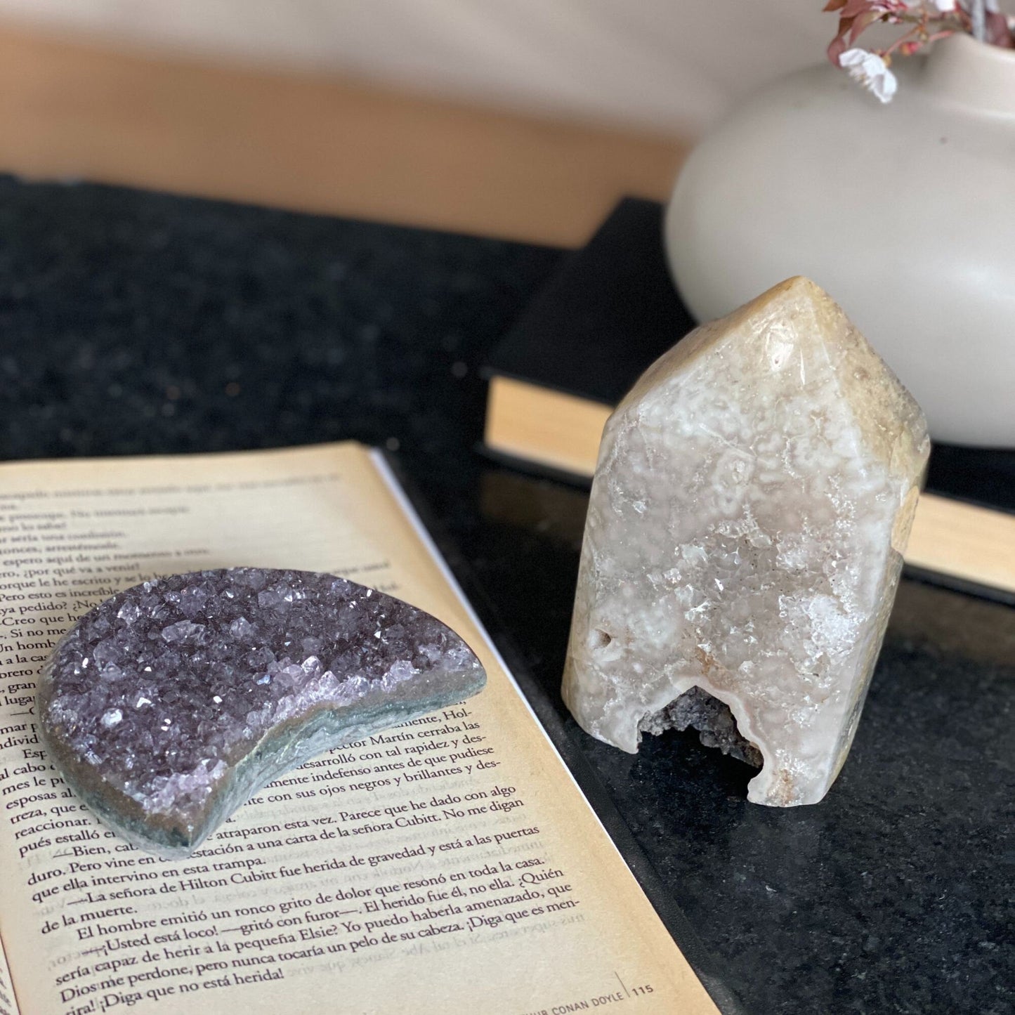 Amethyst moon cluster and Agate Crystal Tower, set of 2