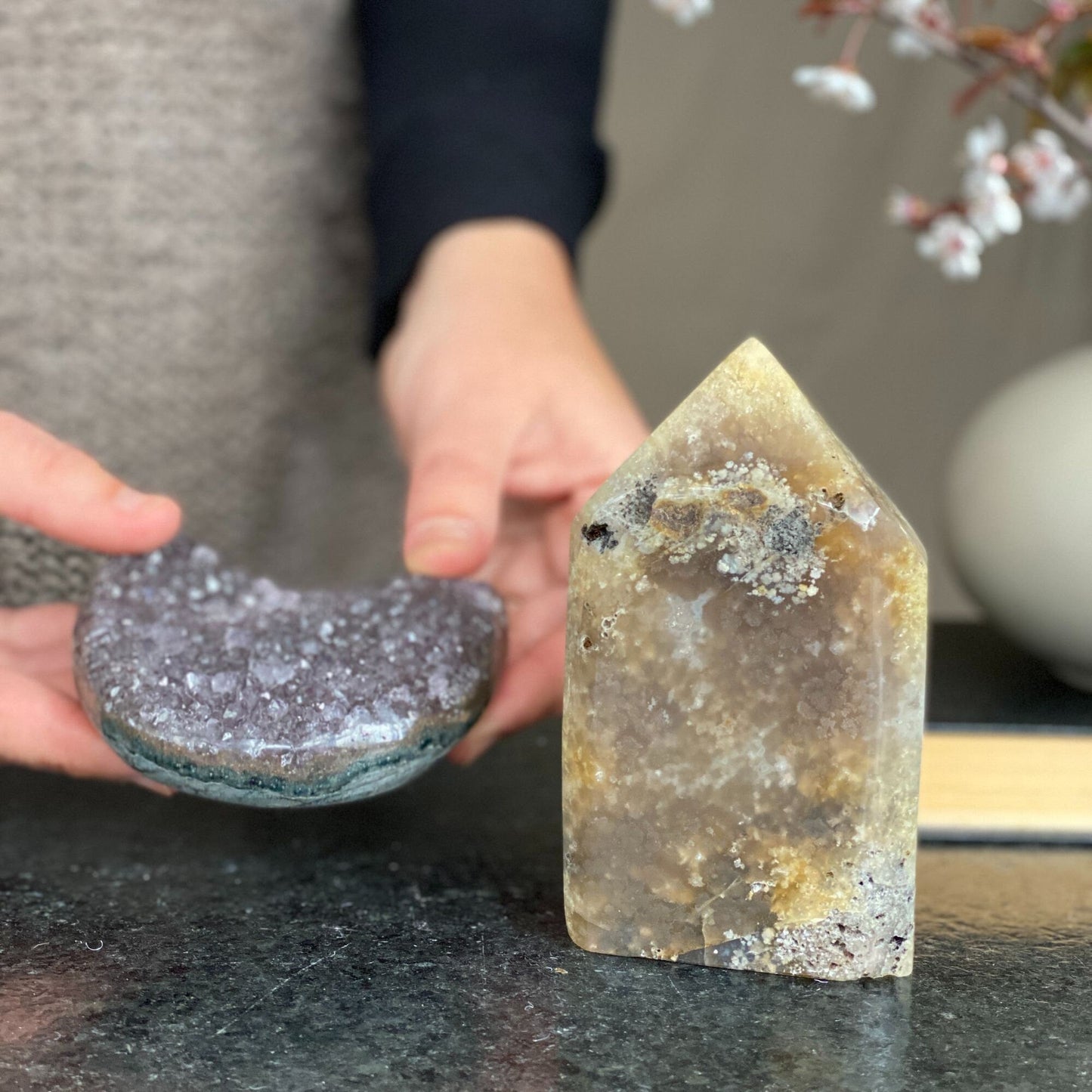 Amethyst moon cluster and Agate Crystal Tower, set of 2