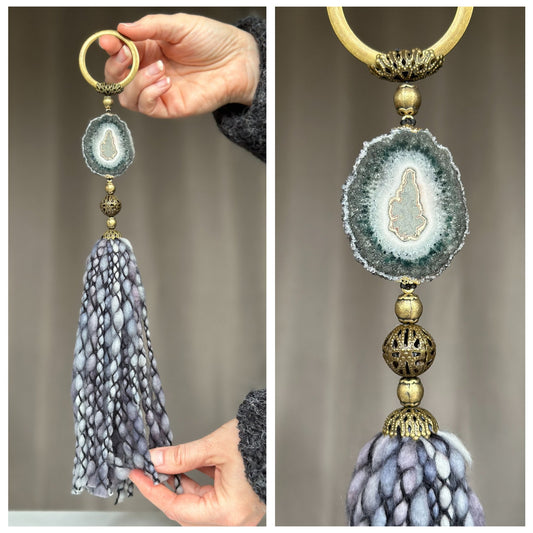 Crystal Garland with Stalactite Stone and Merino Wool Tassels, One of a kind decor piece, Natural Wall Hanging, multiple uses Jasper Gift