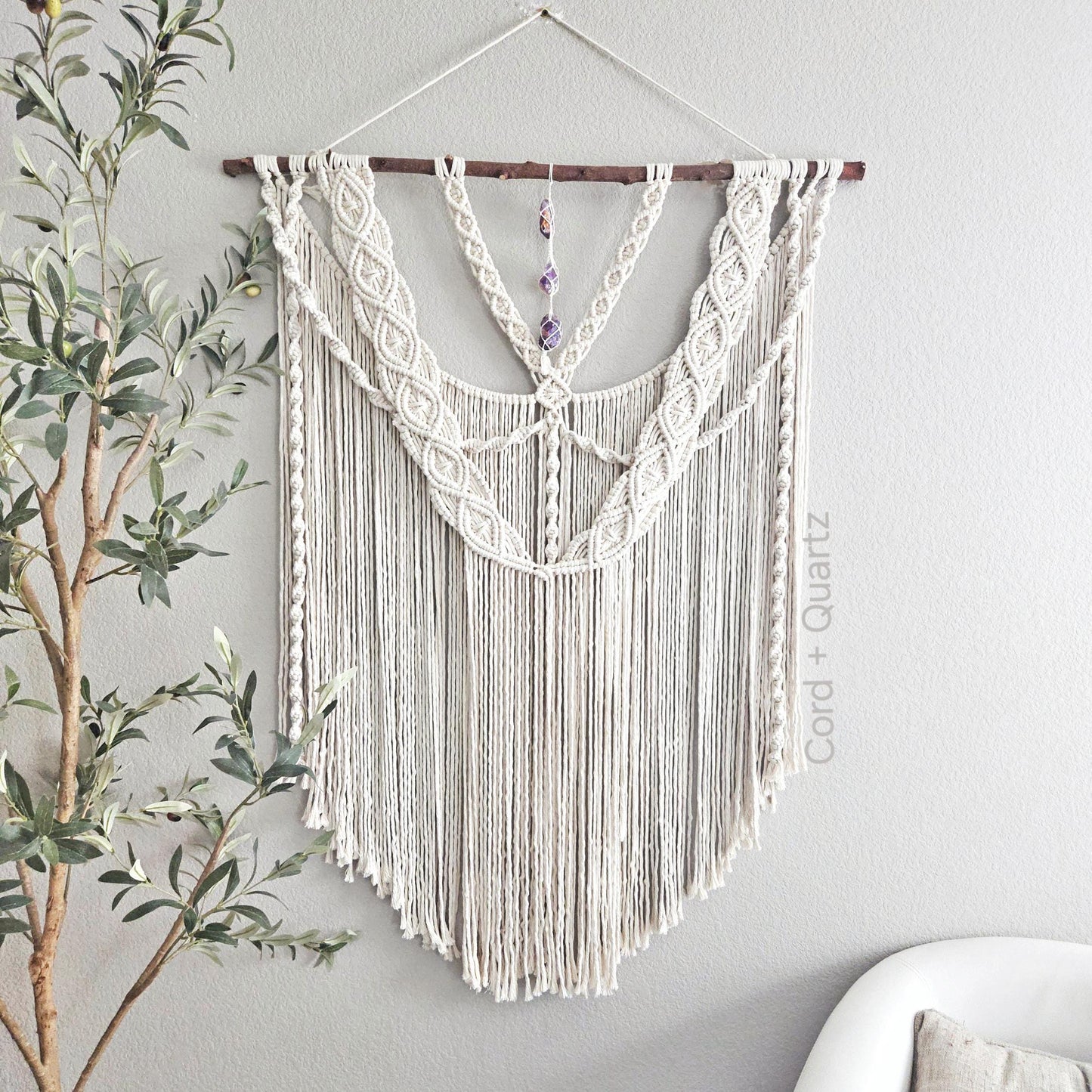 Extra large macrame wall hanging with 3 large amethyst crystals. Ready to ship.