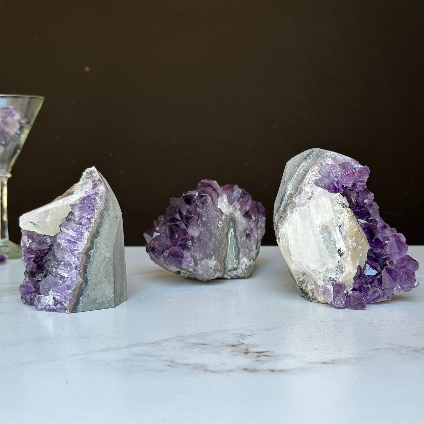 Amethyst set 3 pieces 3 Lbs approx, Medium Amethyst Cut Base Clusters with calcite formations