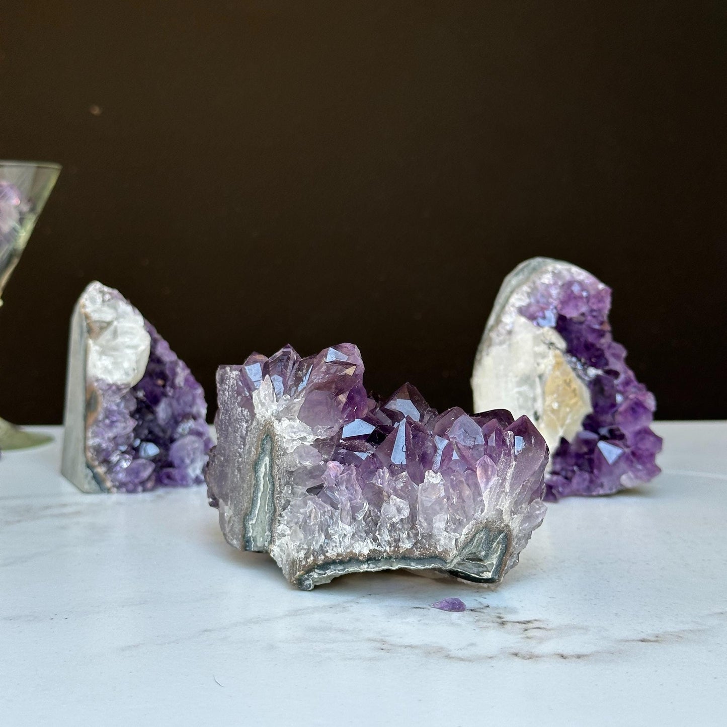 Amethyst set 3 pieces 3 Lbs approx, Medium Amethyst Cut Base Clusters with calcite formations