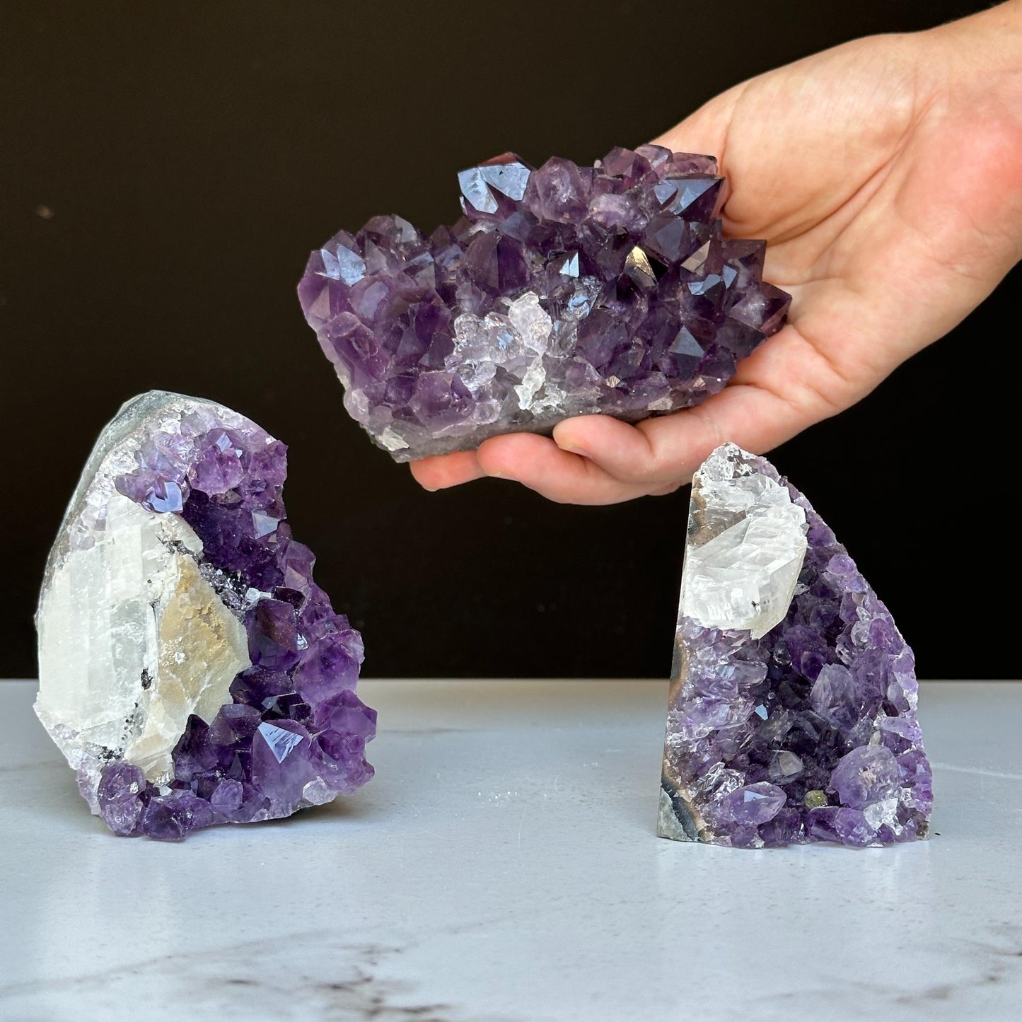 Amethyst set 3 pieces 3 Lbs approx, Medium Amethyst Cut Base Clusters with calcite formations
