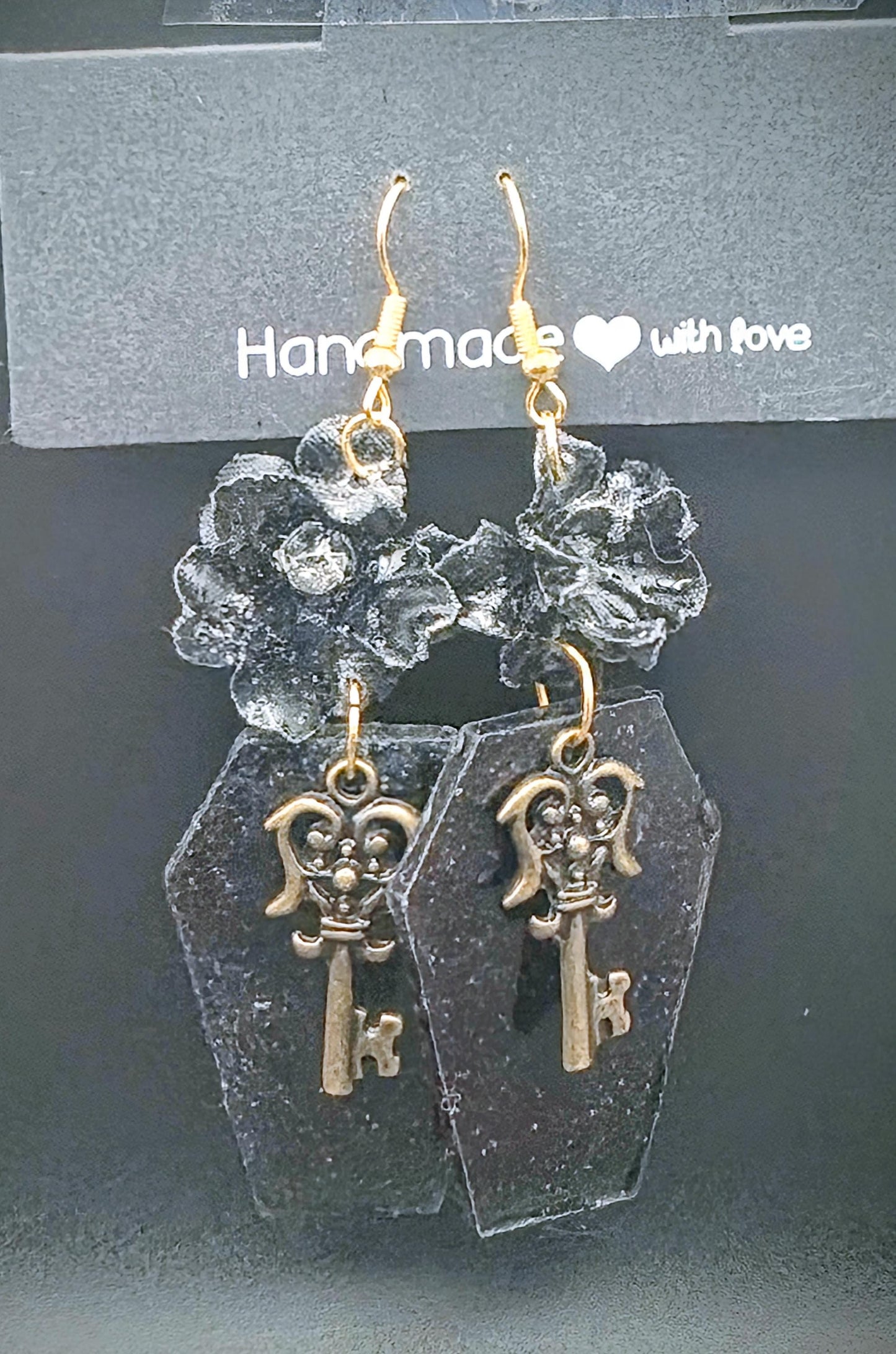Key to the Crypt Coffin Dangle Boys| Skeleton Key and Black Rose Resin Drop Earrings