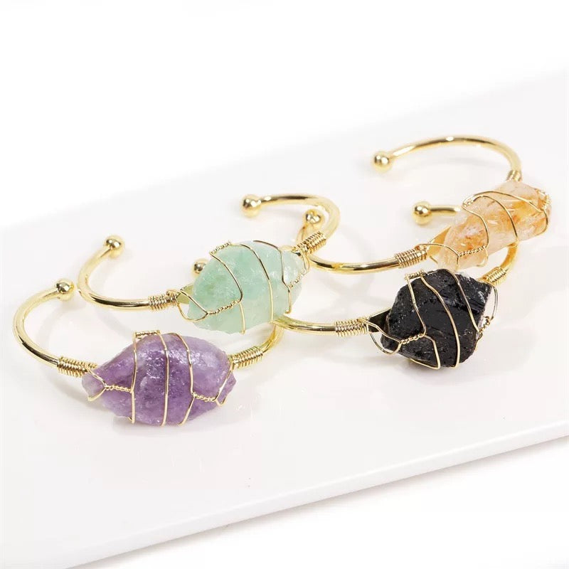 Healing Crystal, wire wrapped Bangle Bracelets