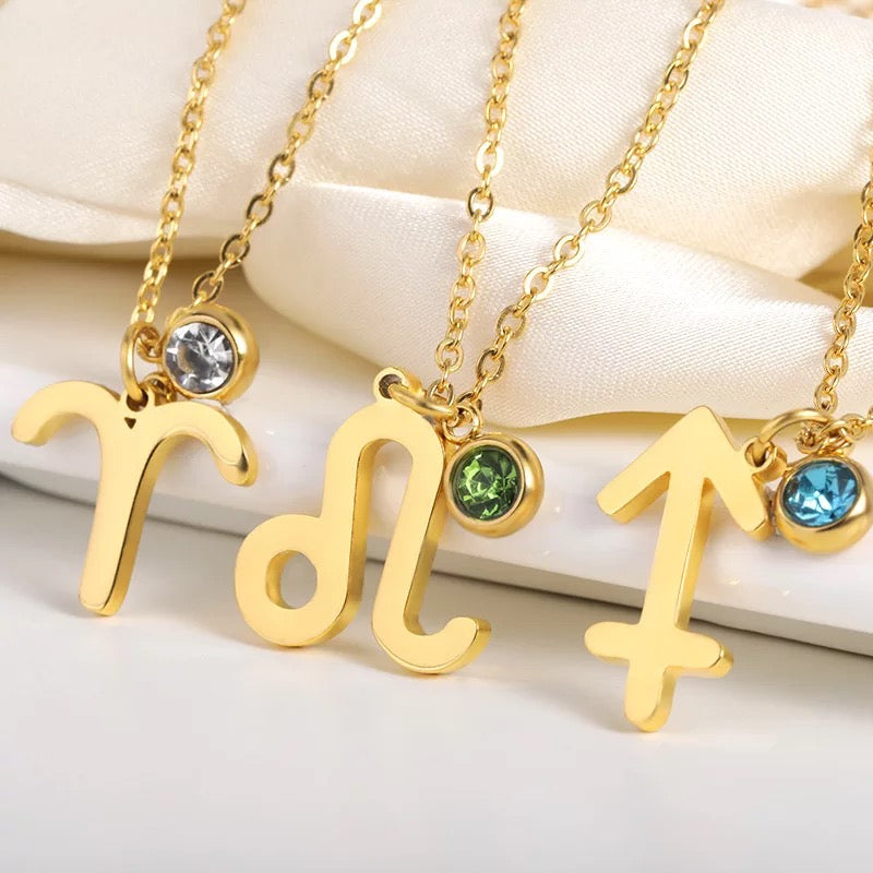 Zodiac sign necklace with birthstones - 18k Gold plated