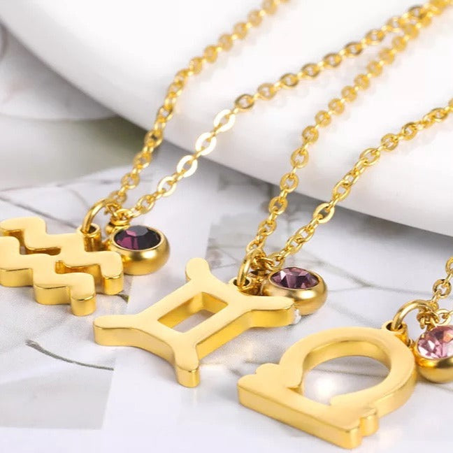 Zodiac sign necklace with birthstones - 18k Gold plated