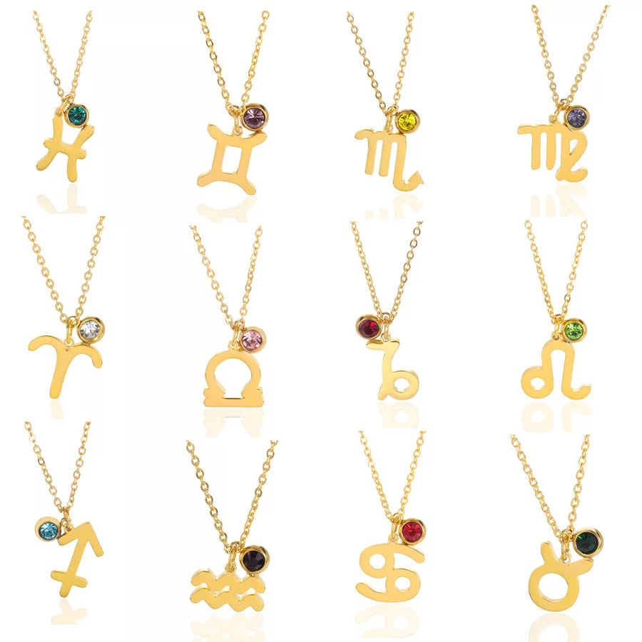 Zodiac sign necklace with birthstones - 18k Gold plated