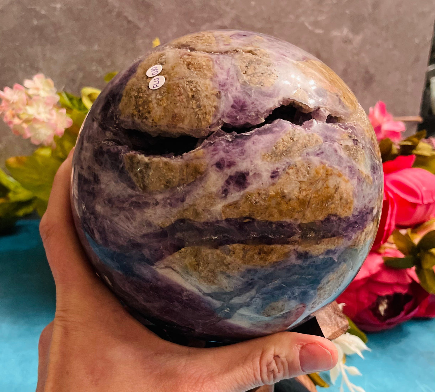 HUGE Rainbow Fluorite Sphere with Stand, 8+ lbs!!