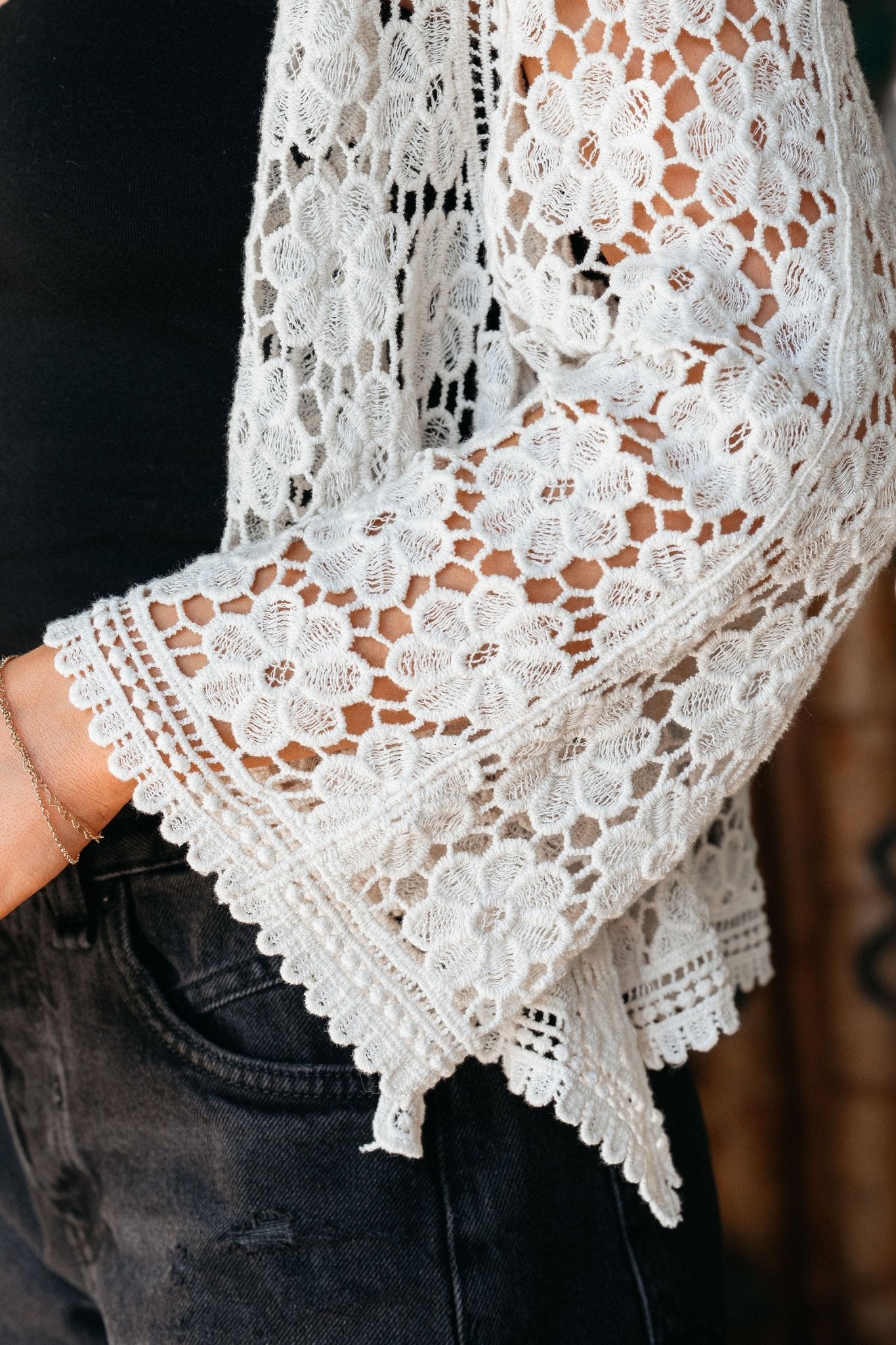 Kimono Sleeve Tie Front Crochet Cardigan - Natural