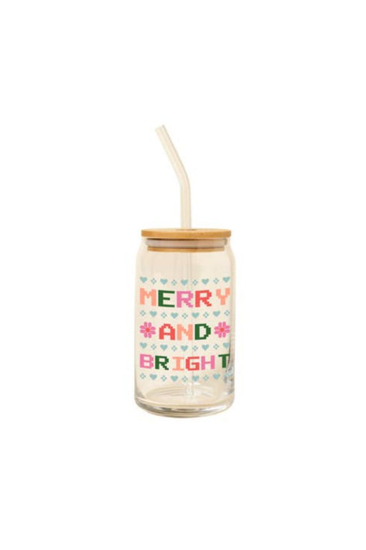 Merry & Bright Holiday Can Glass w/Lid + Straw