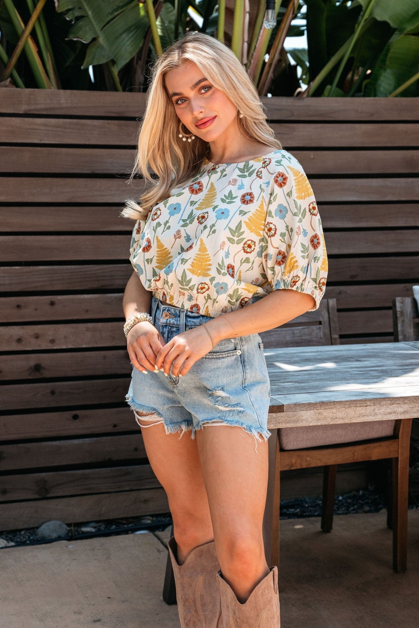 Mixed Print Short Sleeve Top - Natural