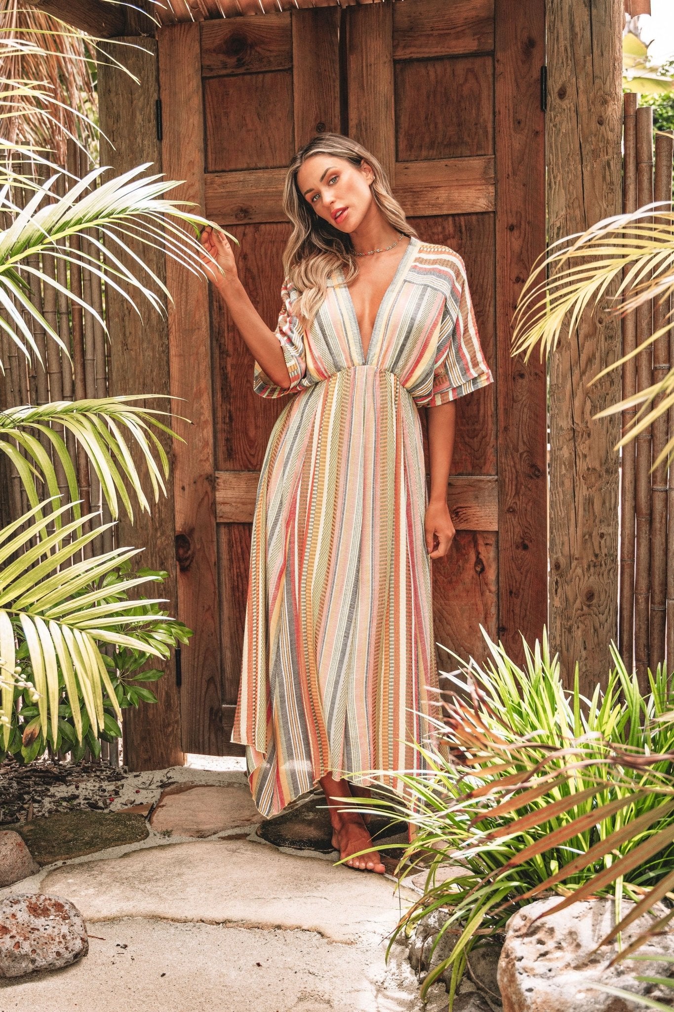 Pink Multi Stripe Kimono Sleeve Midi Dress