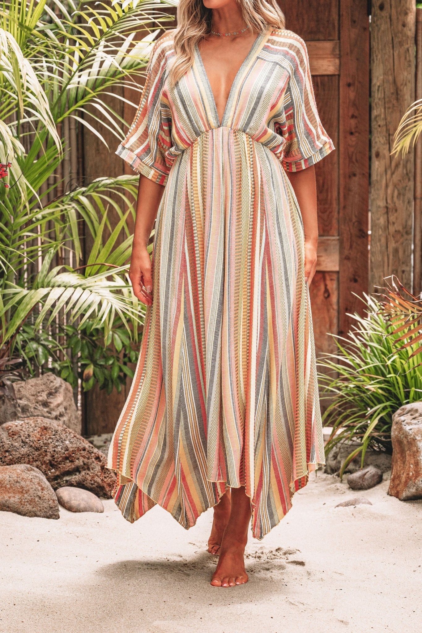 Pink Multi Stripe Kimono Sleeve Midi Dress
