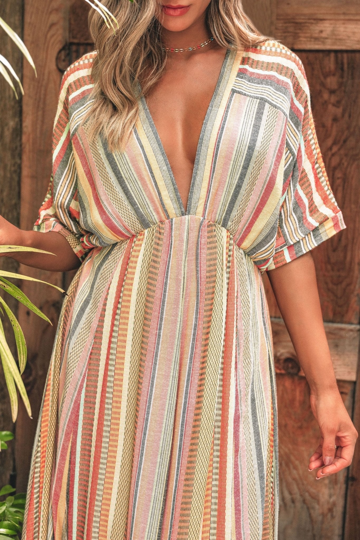Pink Multi Stripe Kimono Sleeve Midi Dress