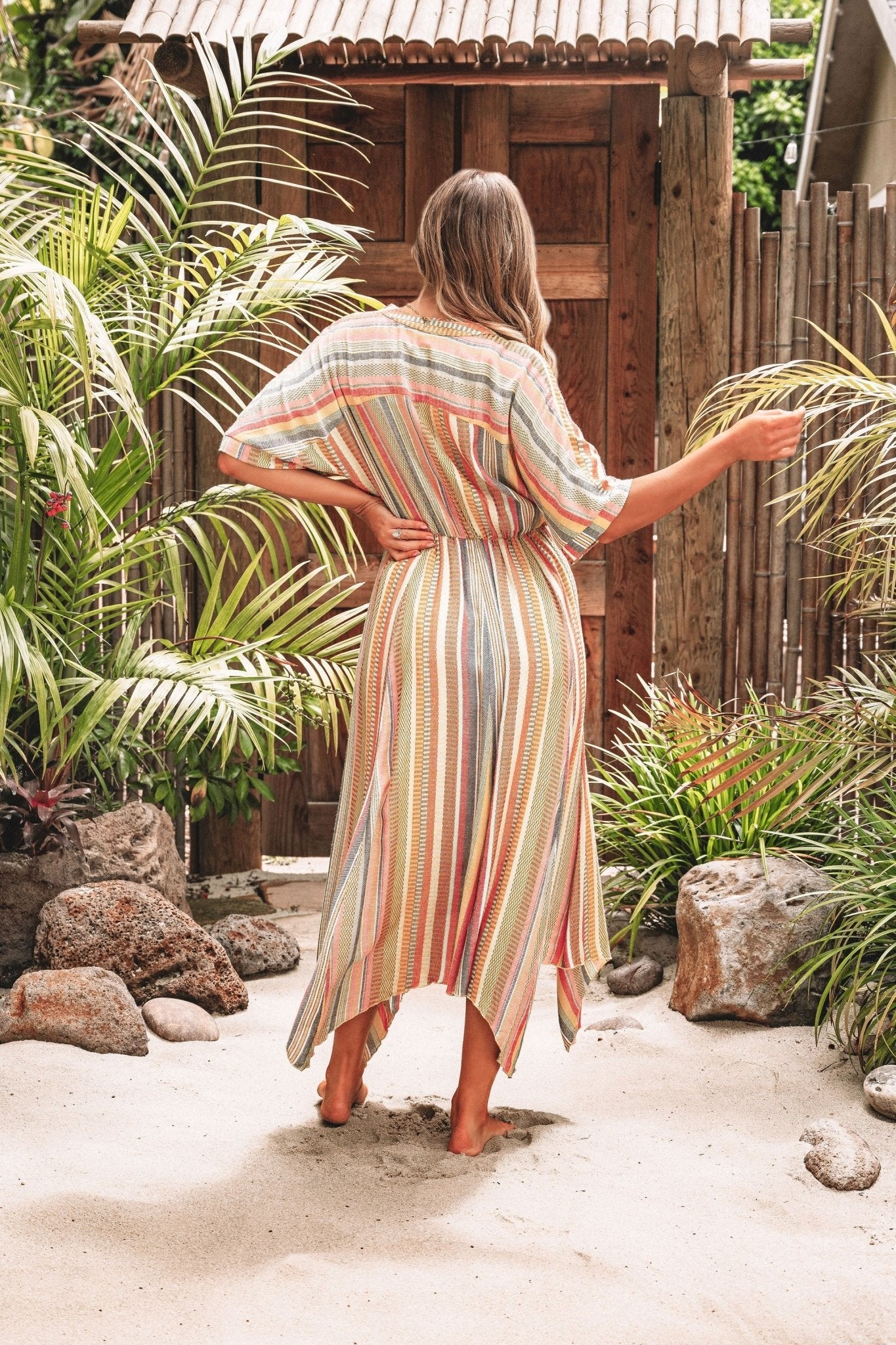 Pink Multi Stripe Kimono Sleeve Midi Dress