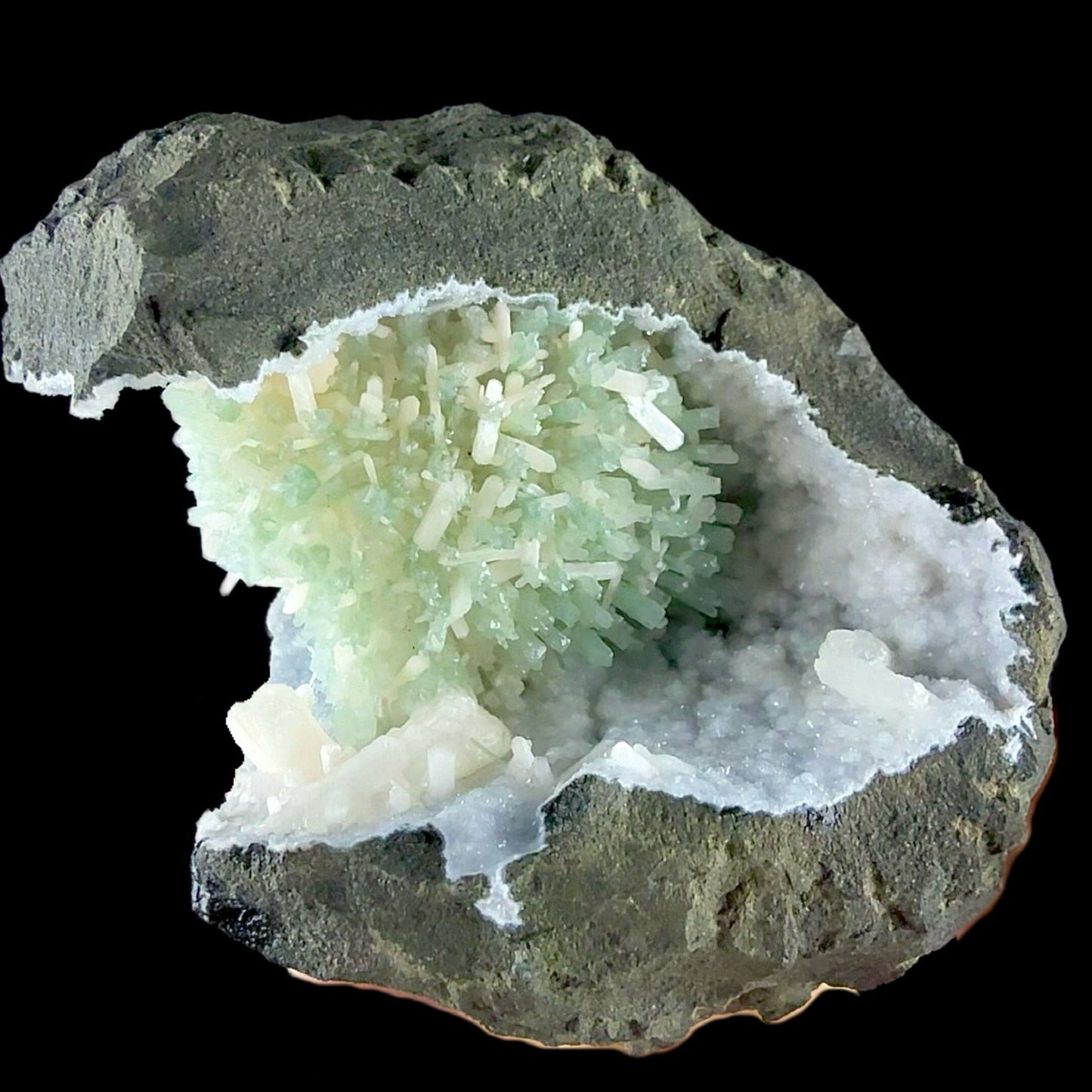 RARE Green Natrolite with Stilbite on Chalcedony | SELF STANDING | Indian Mineral | Superb Minerals | Rare Minerals | Collectors Piece