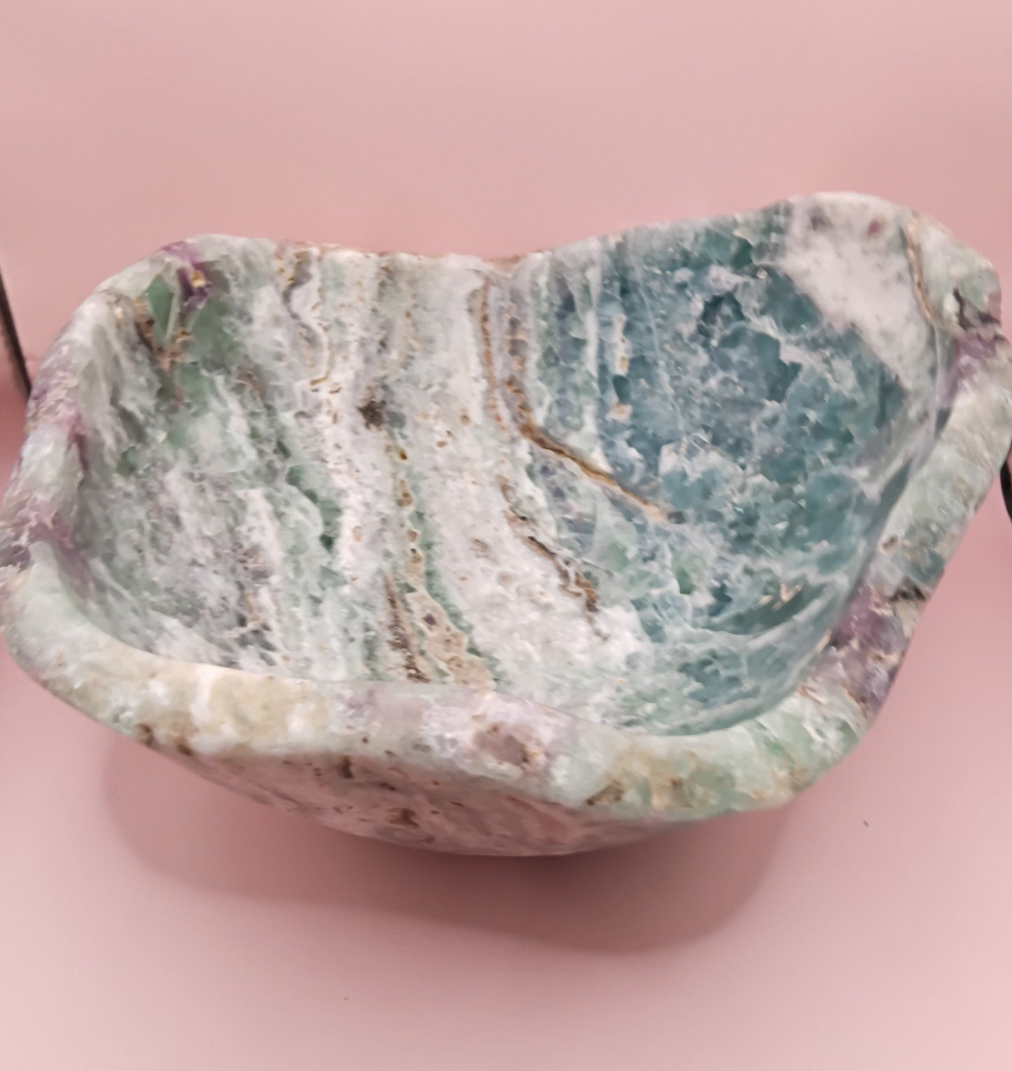 Carved Natural Fluorite Bowl – 11.75" x 5.5" x 10.5" – Handcrafted Gemstone Decor