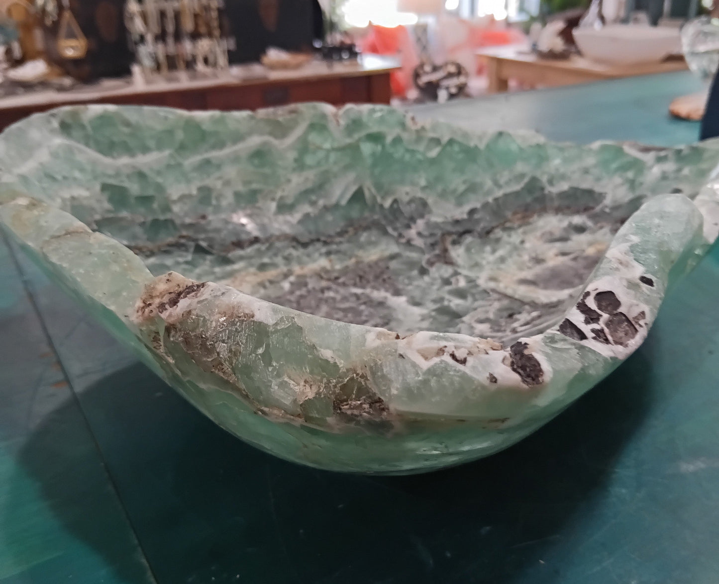 Carved Fluorite Bowl – Natural Green & Purple Crystal Display – 14.5" Decorative Stone Centerpiece