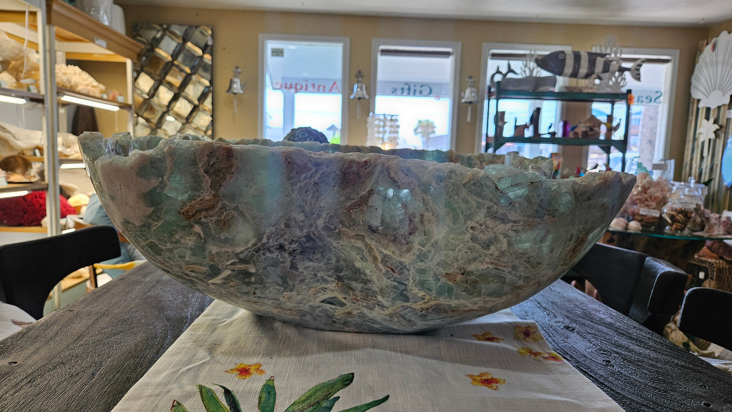 Large Hand-Carved Fluorite Bowl | Natural Crystal Centerpiece 30”