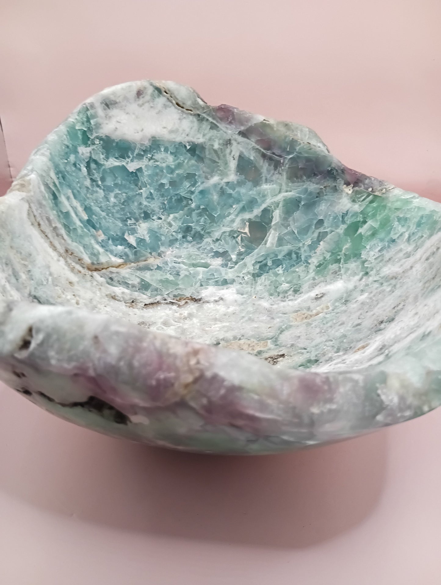 Carved Natural Fluorite Bowl – 11.75" x 5.5" x 10.5" – Handcrafted Gemstone Decor