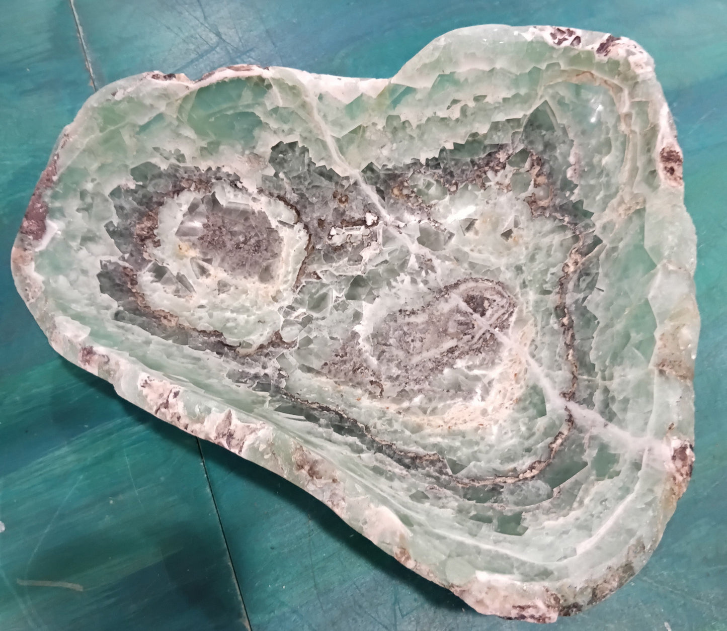 Carved Fluorite Bowl – Natural Green & Purple Crystal Display – 14.5" Decorative Stone Centerpiece