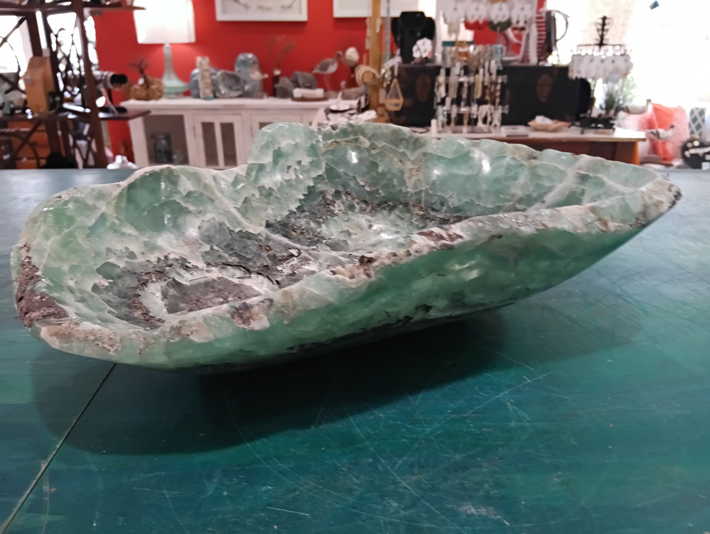 Carved Fluorite Bowl – Natural Green & Purple Crystal Display – 14.5" Decorative Stone Centerpiece