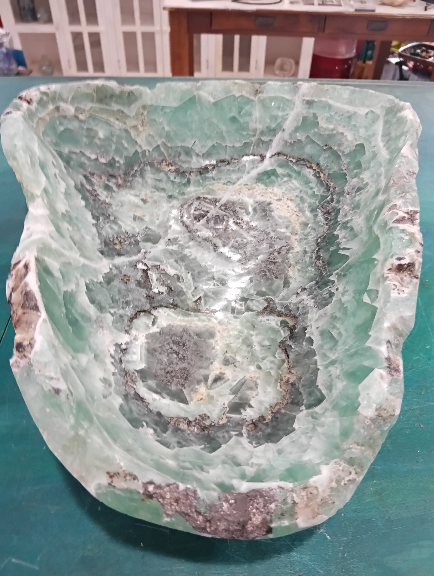 Carved Fluorite Bowl – Natural Green & Purple Crystal Display – 14.5" Decorative Stone Centerpiece