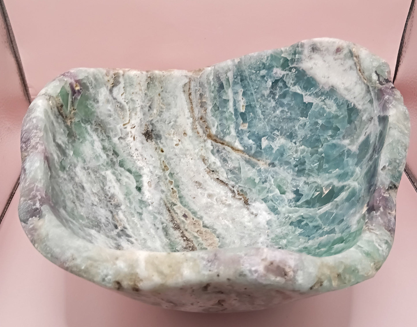 Carved Natural Fluorite Bowl – 11.75" x 5.5" x 10.5" – Handcrafted Gemstone Decor